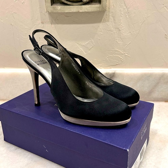 Stuart Weitzman Shoes - Stuart Weitzman Black Satin Heel Slingbacks